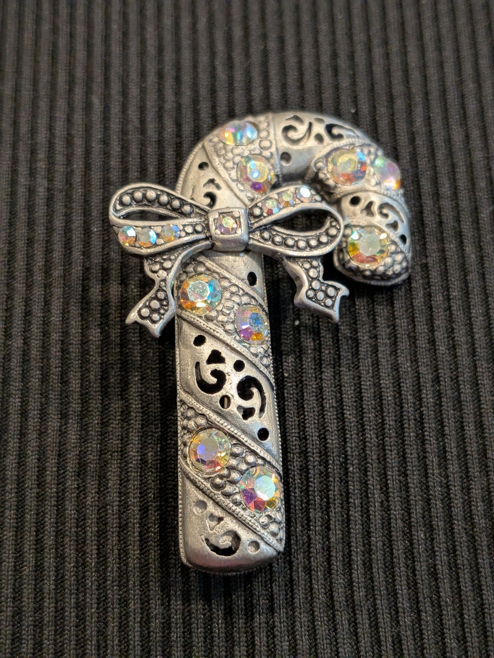 B$3:Silver-ToneCandy Cane Brooch Decorated With Iridescent A.B.Rhinstone Vintage